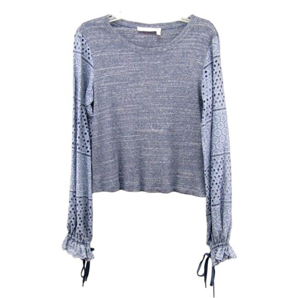 See by Chloe Eyelet Sleeve Top Indigo Blue Womens Size L Sweater Knit Tie Cuffs - Picture 1 of 12
